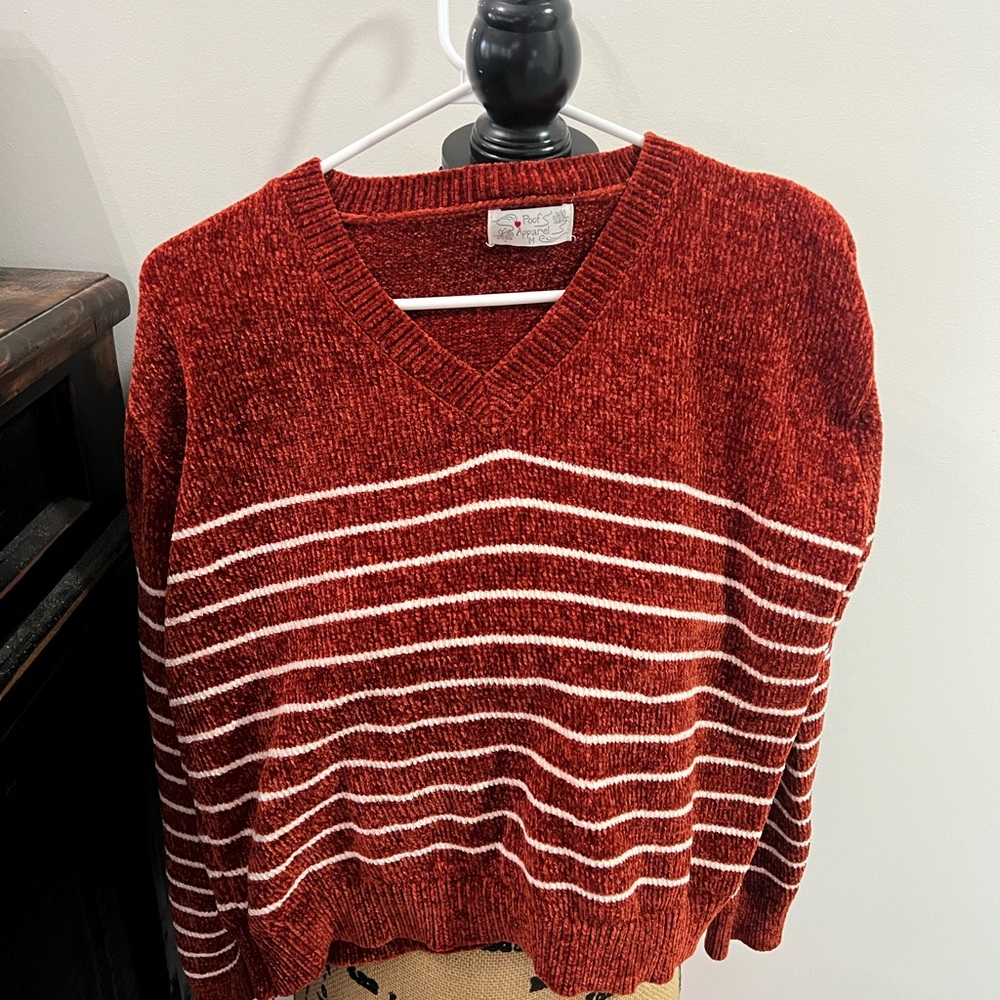 Poof! V-Neck Sweater in Red and White Stripes